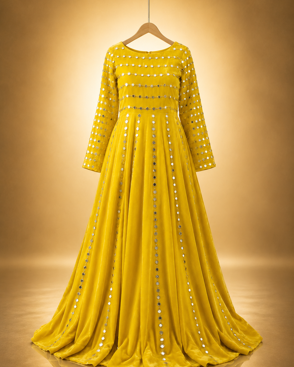 Zohra Mirror-Work Anarkali Gown in yellow with mirror-embellished bodice and vertical mirror panels