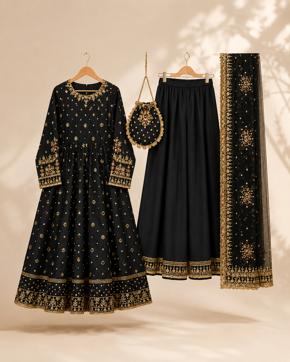 Noor Anarkali 4-Piece Set in black with gold embroidery, shown flat with the frock, palazzo trousers, dupatta and matching potli bag