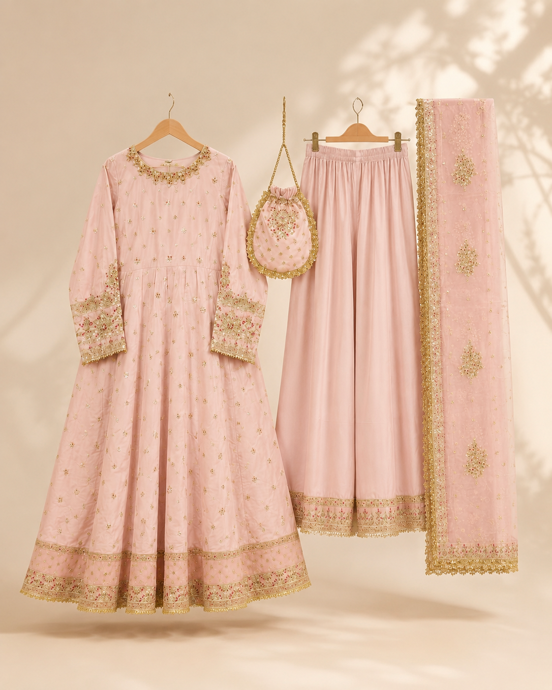 Noor Anarkali 4-Piece Set in blush pink with gold embroidery, shown flat with the frock, palazzo trousers, dupatta and matching potli bag