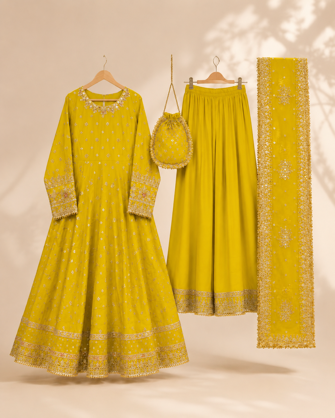 Noor Anarkali 4-Piece Set in chartreuse with gold embroidery, shown flat with the frock, palazzo trousers, dupatta and matching potli bag