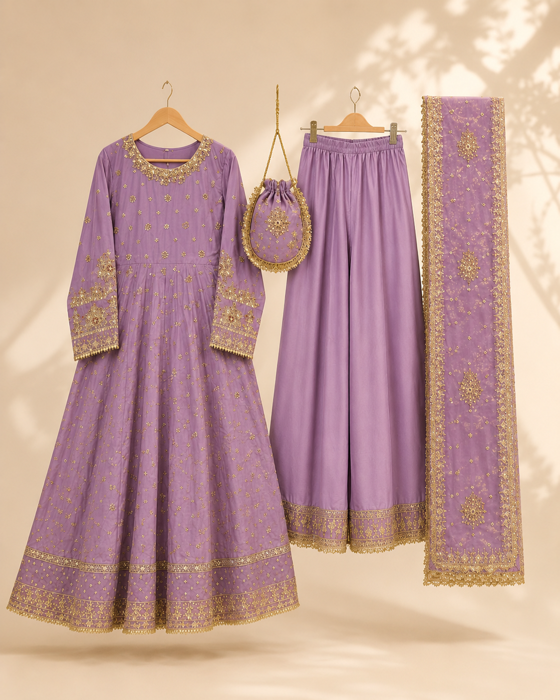 Noor Anarkali 4-Piece Set in lilac with gold embroidery, shown flat with the frock, palazzo trousers, dupatta and matching potli bag