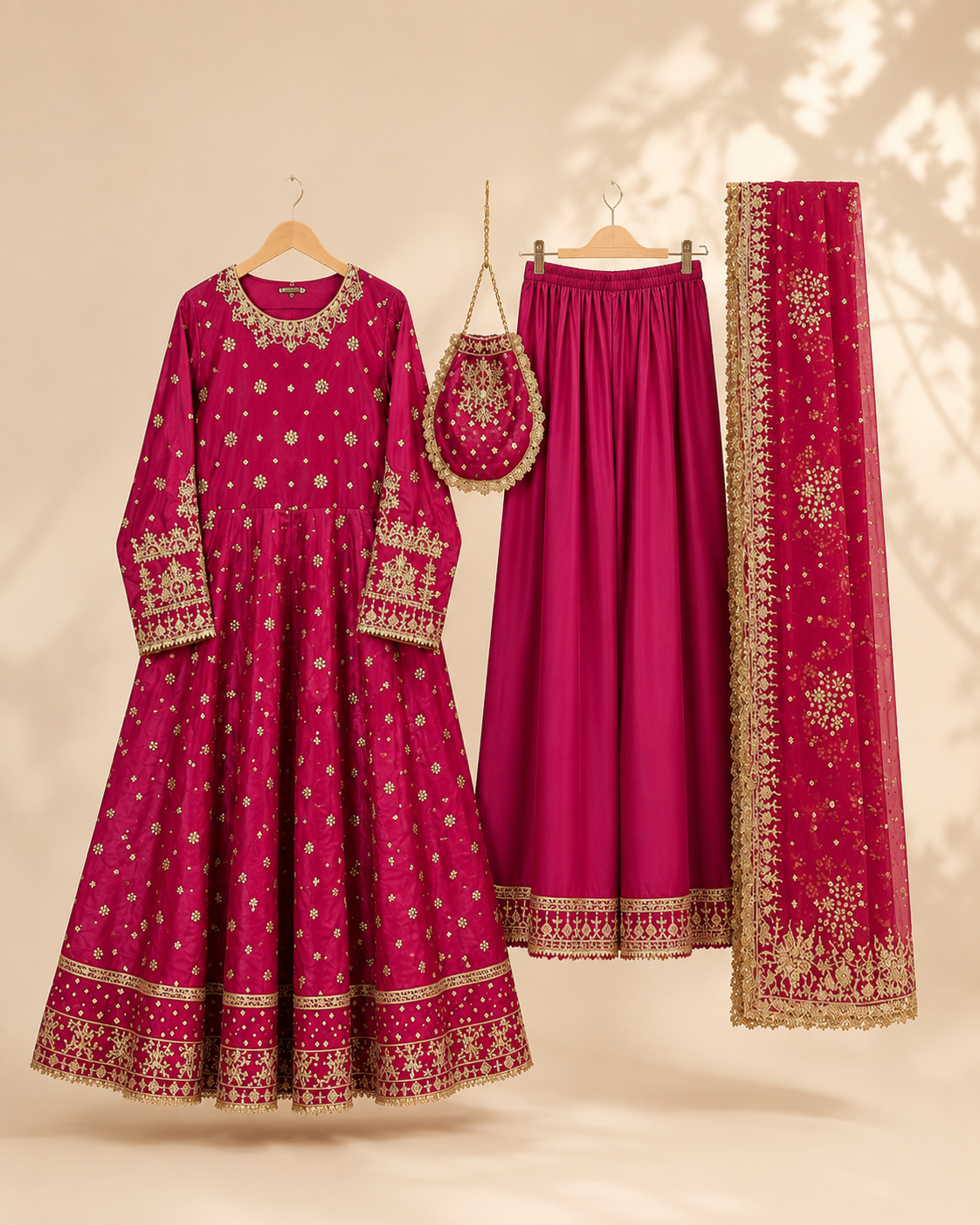 Noor Anarkali 4-Piece Set in magenta with gold embroidery, shown flat with the frock, palazzo trousers, dupatta and matching potli bag