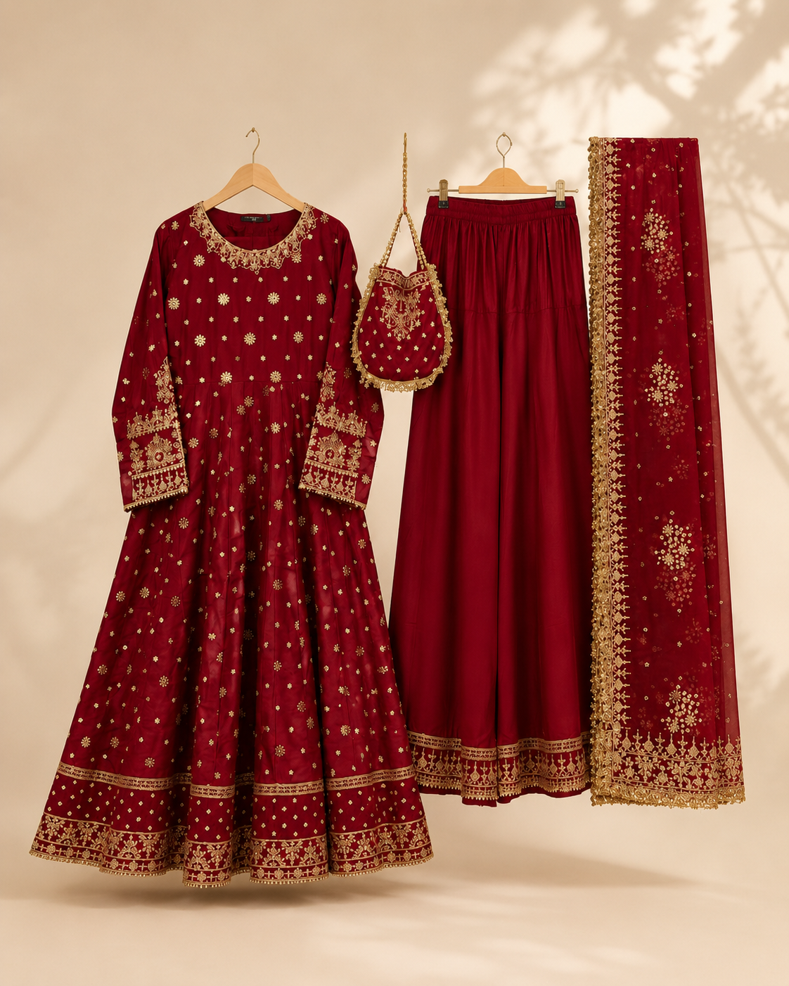 Noor Anarkali 4-Piece Set in maroon with gold embroidery, shown flat with the frock, palazzo trousers, dupatta and matching potli bag
