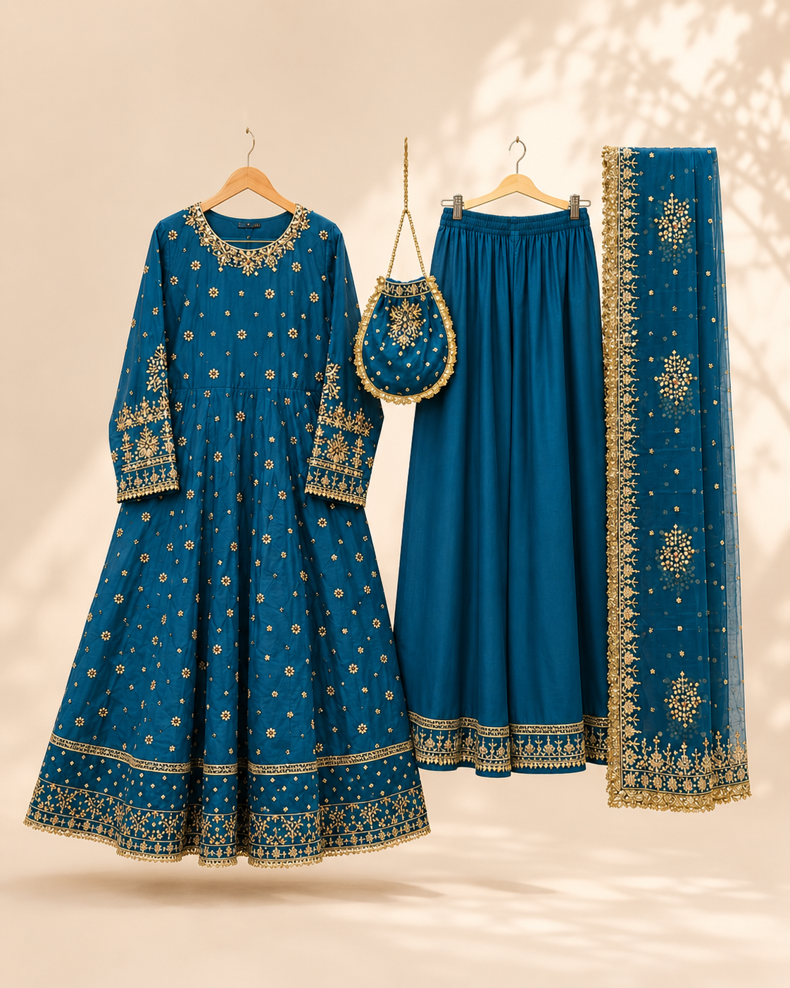 Noor Anarkali 4-Piece Set in teal with gold embroidery, shown flat with the frock, palazzo trousers, dupatta and matching potli bag