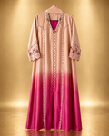 Zoya Ombre Gown 3-Piece Set in blush to fuchsia ombre, front-open gown with beaded panels, covered buttons and scalloped embroidered cuffs