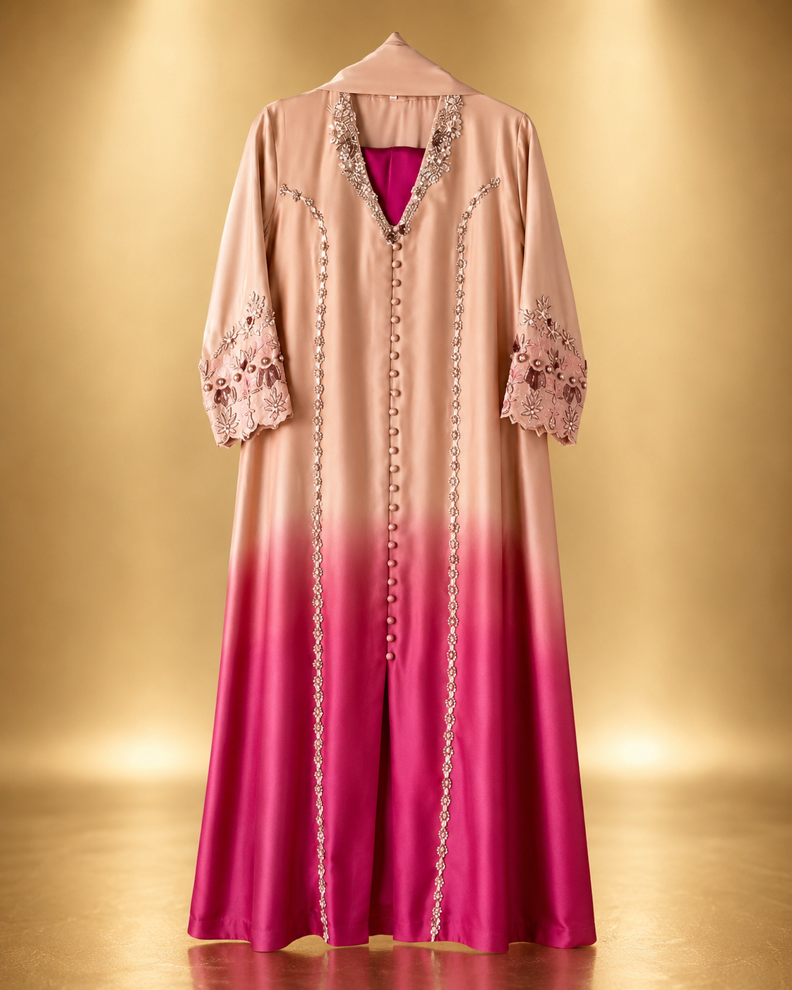 Zoya Ombre Gown 3-Piece Set in blush to fuchsia ombre, front-open gown with beaded panels, covered buttons and scalloped embroidered cuffs