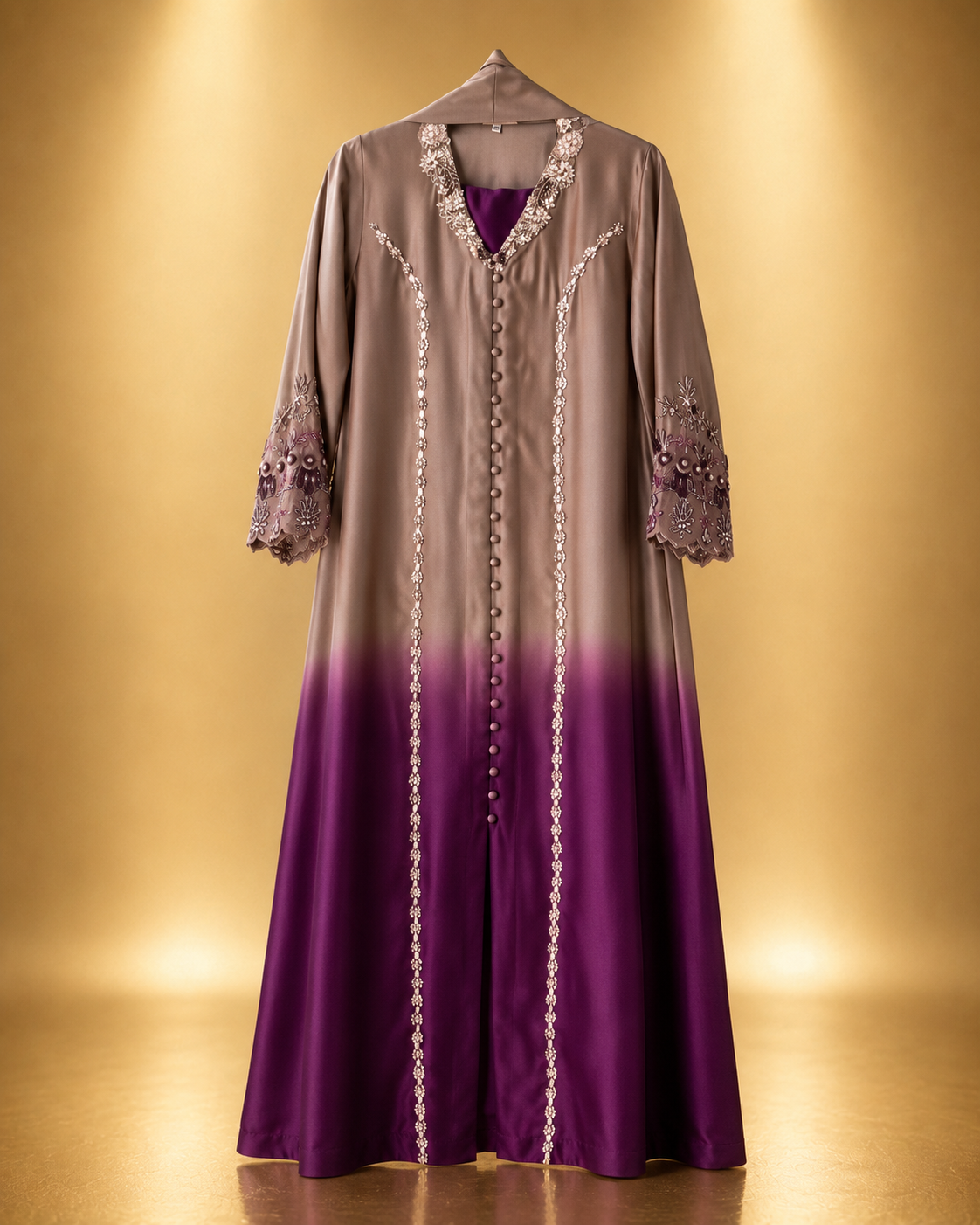 Zoya Ombre Gown 3-Piece Set in mauve to plum ombre, front-open gown with beaded panels, covered buttons and scalloped embroidered cuffs