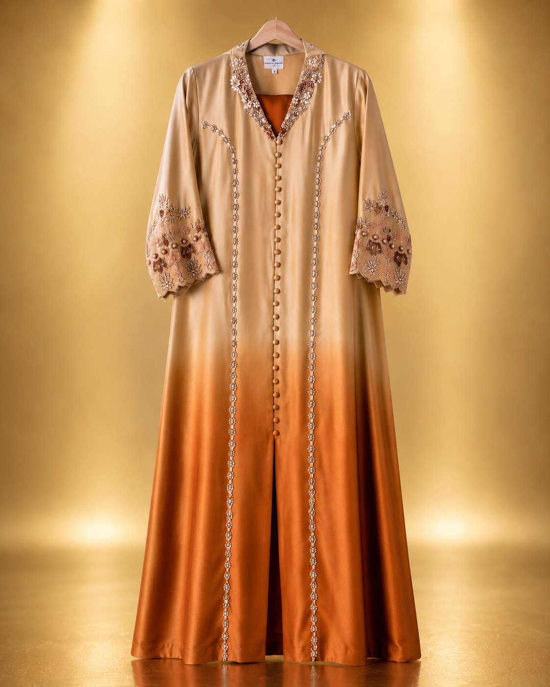 Zoya Ombre Gown 3-Piece Set in sand to rust ombre, front-open gown with beaded panels, covered buttons and scalloped embroidered cuffs