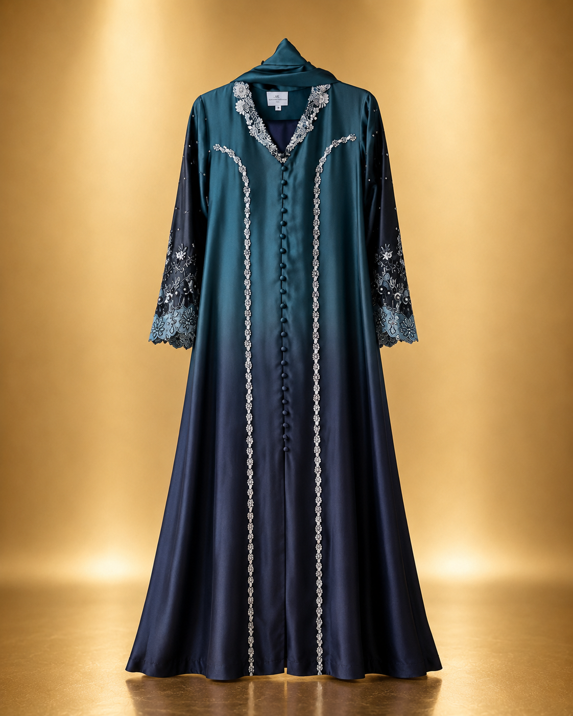 Zoya Ombre Gown 3-Piece Set in teal to navy ombre, front-open gown with beaded panels, covered buttons and scalloped embroidered cuffs