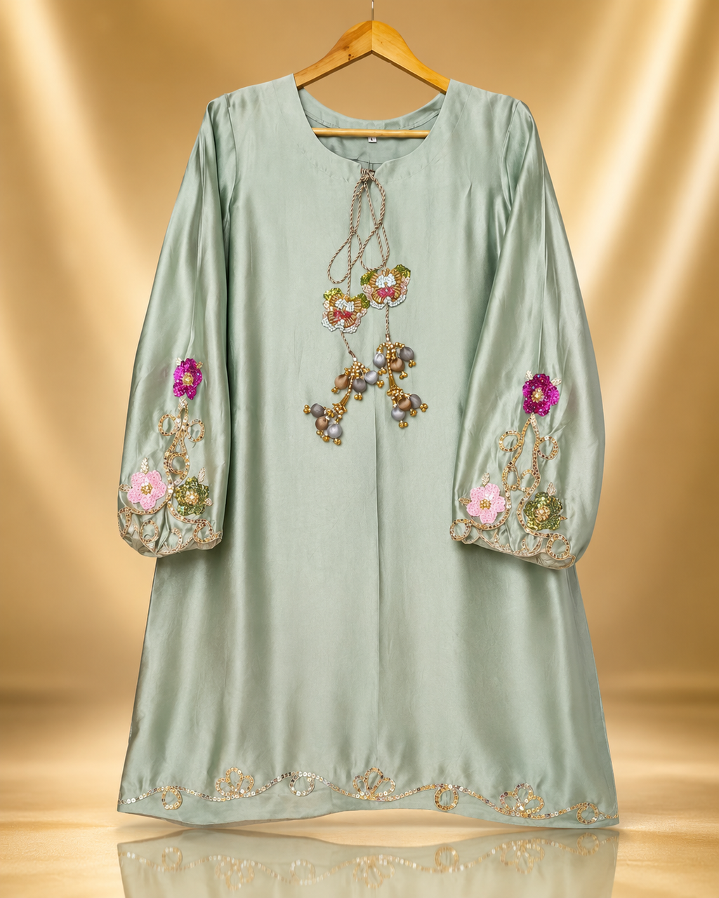 Sana Sharara 3-Piece Set: sage green kameez with hand-worked floral clusters and beaded tassels at the neckline, shown on a hanger