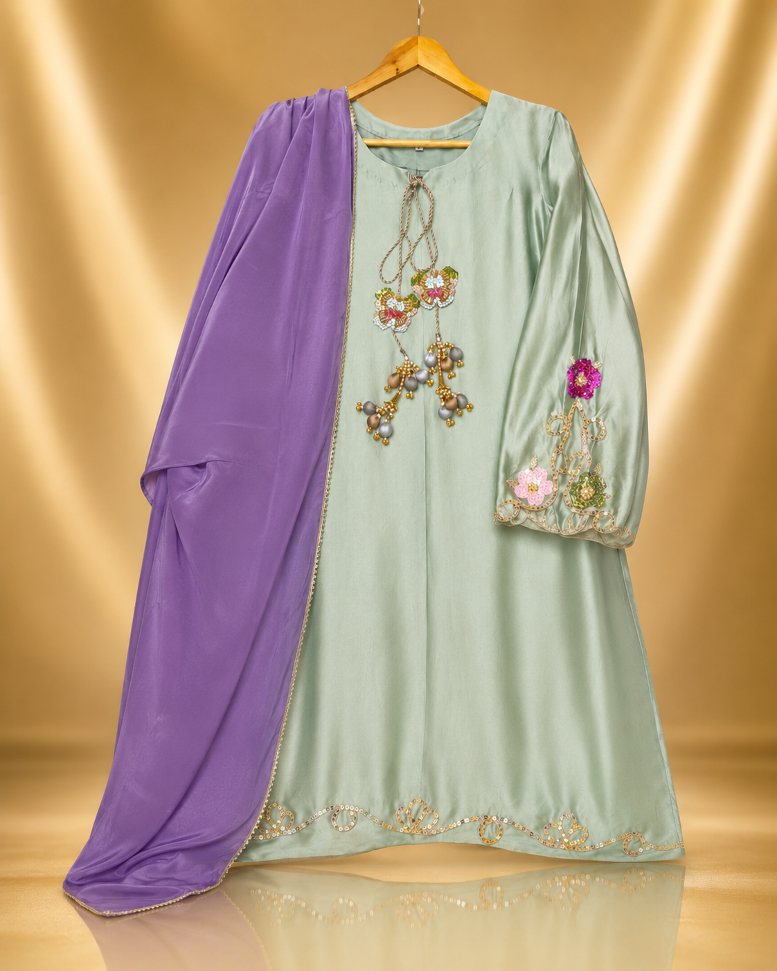 Sana Sharara 3-Piece Set: sage green kameez shown with the lilac dupatta draped alongside
