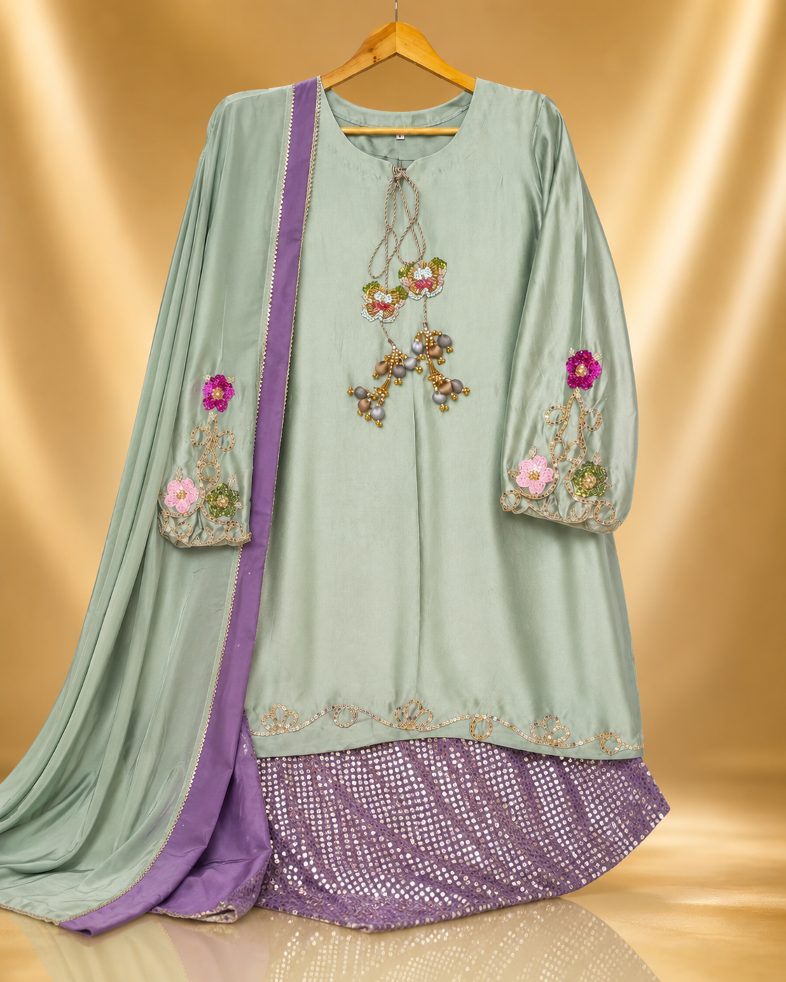 Sana Sharara 3-Piece Set shown complete: sage green kameez, lilac sequinned sharara and dual-tone sage and lilac dupatta