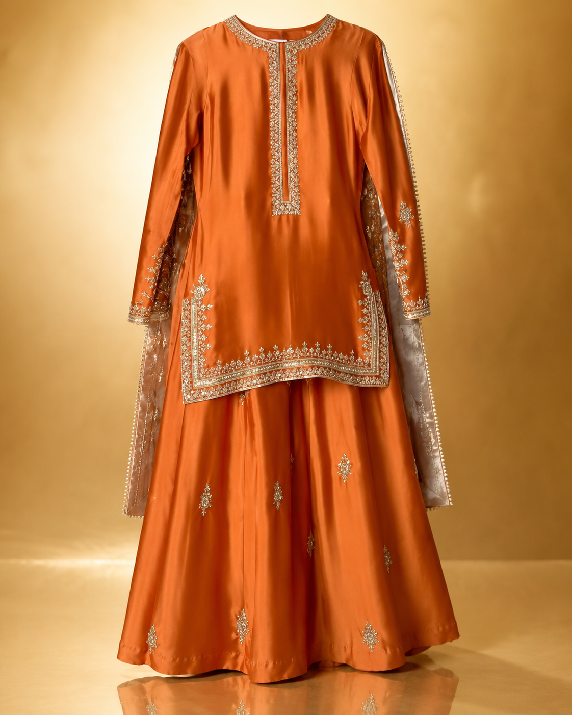 Zarah Kameez & Skirt 3-Piece Set in orange with silver-gold embroidery, short kameez over a full flared skirt with matching dupatta
