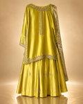 Zarah Kameez & Skirt 3-Piece Set in chartreuse with silver-gold embroidery, shown with the matching dupatta draped forward