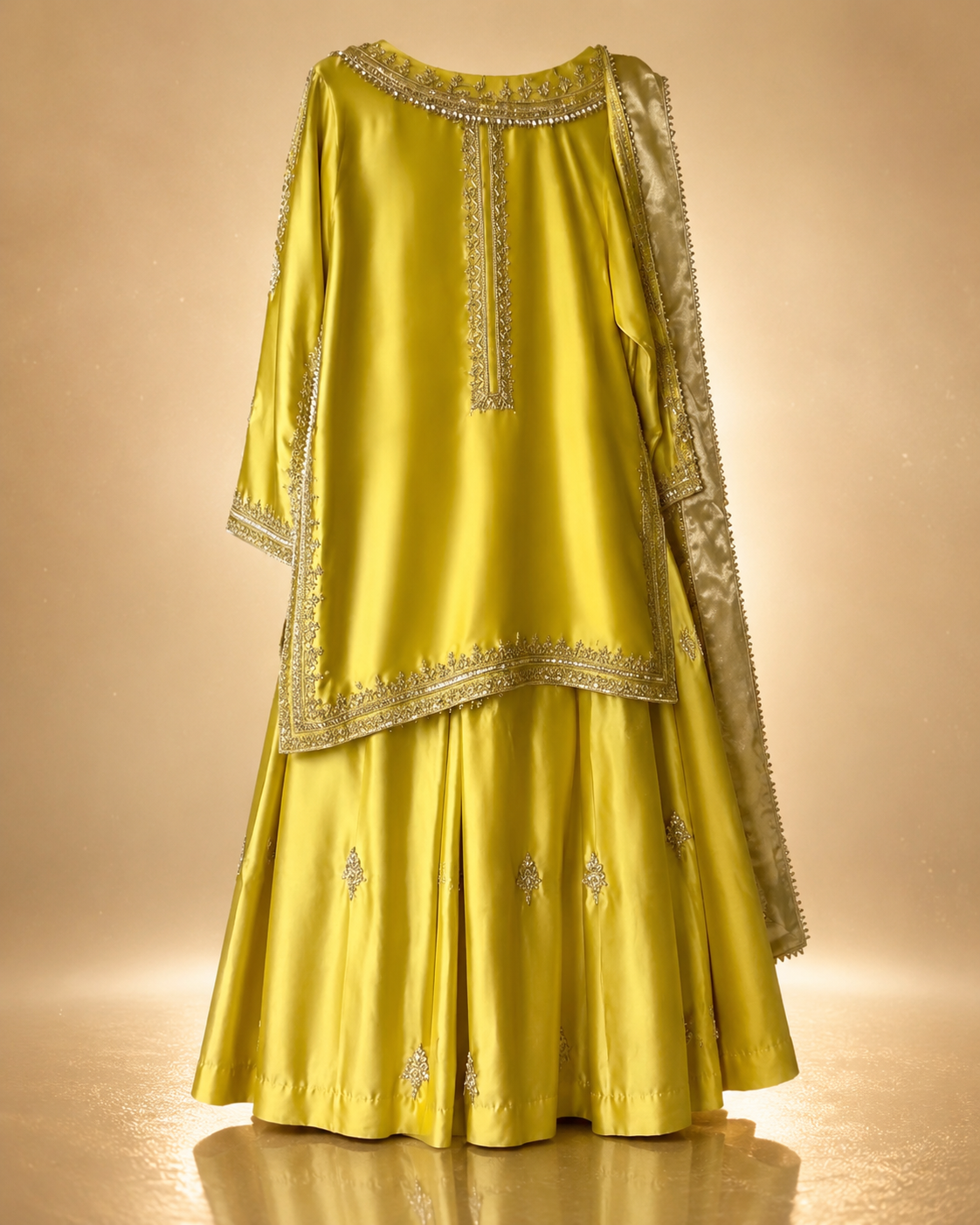 Zarah Kameez & Skirt 3-Piece Set in chartreuse with silver-gold embroidery, shown with the matching dupatta draped forward