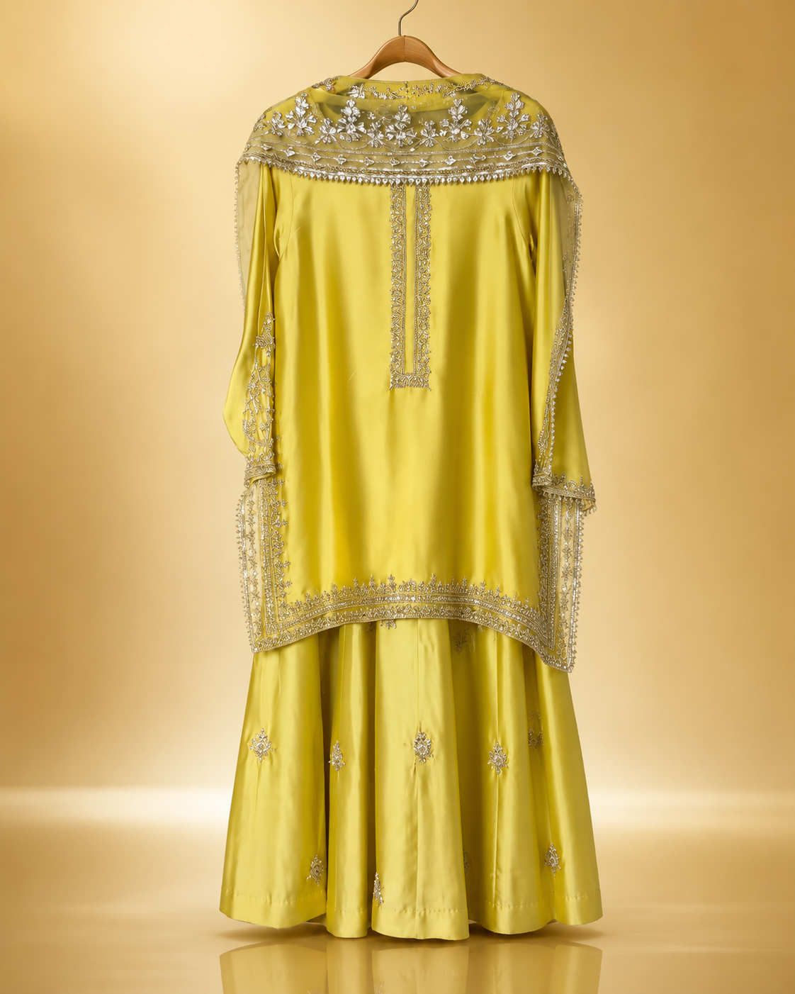 Zarah Kameez & Skirt 3-Piece Set in chartreuse, showing the short embroidered kameez and full flared skirt with the dupatta set back
